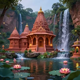 ancient india with ornate temples, waterfalls, and fireflies, lotus flowers in lake 3 d octane render + unreal engine 5 + redshift render + cinema 4 d + c 4 d + rendered in houdini + houdini - render + blender render + cycles render + optix - render + povray + vray + cryengine + luxcorerender + mentalray - render + raylec