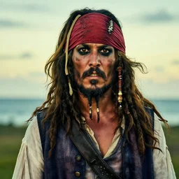 photo portrait of an old rugged caribbean pirate with a red headband, a vest white dreaded hair, long beard, crooked teeth, rugged and dirty, cinematic lighting at sundawn, movie color grading