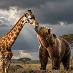 Brown bear kisses giraffe