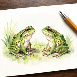 pencil and watercolor sketch of frogs in a well talking to each other