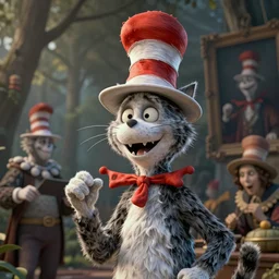 complex 3 d render, hyper detailed, ultra sharp, of the cat in the hat, scary, cinematic, natural soft light, rim light, art by greg rutkowski and artgerm and caravaggio, dr seuss
