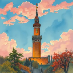 the tower. beautiful, realistic painting by mucha and kuvshinov and bilibin and malevich. synthwave watercolor, thick lining, manga, soviet realism