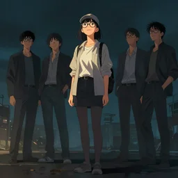 a full body girl wearing glasses and a cap, looking to the skies smilling, cinematic lighting, dramatic atmosphere, artwork by dustin nguyen, akihiko yoshida, greg tocchini, greg rutkowski, cliff chiang, 4 k resolution, trending on artstation,