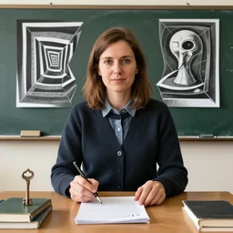 a portrait of a school teacher, 🚿🗝📝, 8 k, lowbrow, in the style of mc escher and hr giger,