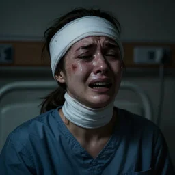 a portrait of a female patient in a mental asylum hospital with a bandaged head and face, damaged and pain and anguish and terror in the darkness, crying, extreme sadness, hopeless, very dark, depressing, grim, moody, atmospheric lighting, cinematic lighting, expressive, by dave mckean