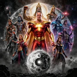 dr Manhattan many armed Hindu creator destroyer god controls every atom in the galaxy, selective color effect, cinematic, wide angle cinematography, yin Yang, 8k wallpaper