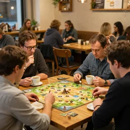 board game cafe with people playing settlers of catan and enjoying coffee, cozy, warm, photograph, 3 5 mm