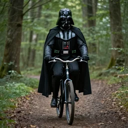 a photo of darth vader riding a bike in the forest