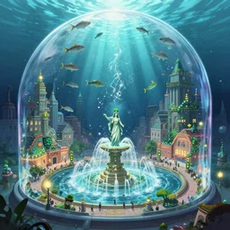 A bustling beautiful city on the sea floor inside a glass dome with st. patrick's day decarations during st. patrick's day, anime, fountain, statue, underwater, rapture, fish flying over head, godrays, a fantasy digital painting by Greg Rutkowski and James Gurney, trending on Artstation, highly detailed