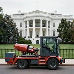 a boring machine parked in front of the white house, photorealistic, high definition