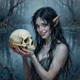 smirking rusalka of the blighted swamp, aquiline features, holding a human skull thin, young black shimmering hair, by brian froud, cold secondary colors, colors reflecting on lake, oil on canvas, oil panting