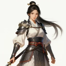 full character of a chinese female warrior, katsuya terada, nc wyeth, greg rutkowski, craig mullins, vermeer, studio ghibli, esteo 8 4 9 2, trending on artstation