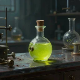 a painting of a small lime colored shiny steampunk potion bottle on the edge of a thin dark counter in a dark dusty vintage science lab, by h. r. giger, hyperrealistic fantasy art, concept matte, ethereal, dreamy, digital art, trending on artstation, volumetric cinematic lighting