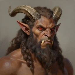 painting of goliath, braided hair and beard. Brown skin. Red eyes. Elf ears, horns Portrait. Craig mullins. Orc teeth. ArtStation, CGSociety, Unreal Engine