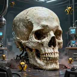 an epic scifi 3 d mattepainting and photobash of a massive head skull in the laboratory with style of gothic, hyper - realist, biopunk, mutant with scifi cg, vfx, concept art, riot, bio hazard, by zdislaw beksinski and fvckrender and visualdon, trending on cgsociety, unreal engine