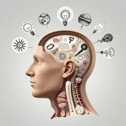 a cutaway diagram of an artist's head, with their internal thoughts shown as symbols and visualisations of ideas taking form