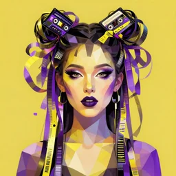 portrait of a lowpoly fractal rave girl with musicassette ribbon hair, techno graphic design by kurt schwitters james jean liam brazier victo ngai tristan eaton, yellow violet black