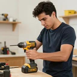 young latino man using cordless power tool made by dewalt