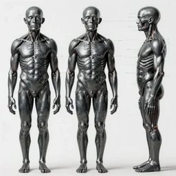 homo erectus anatomy with gunmetal grey skin, medical anatomy, very symmetrical face, highly detailed, three - perspective / three - view reference sheet ( front / back / side ), in the style of dan ouellette, steven jung, amanda lilleston, hr giger, sil from species, dren from splice, mecha, artstation, unreal engine