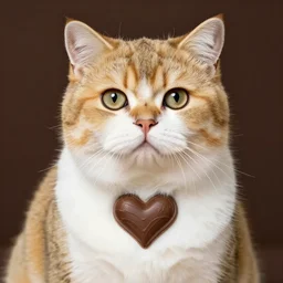 chocolate and white scottish gold cat with symmetrical heart pattern in fur on its chest and forehead
