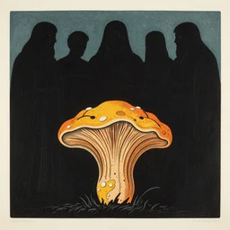 ancient beings, by gediminas pranckevicius, dark shadows, woodblock, complementary - colors, tremella - mesenterica, poster, polished, discovering enlightenment, by james gilleard