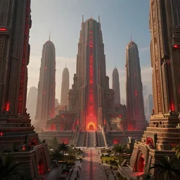 futuristic aztec mayan city, skyscrapers, red lights, futuristic high tech, otherland, realistic, extremely detailed, cgi, trending on artstation, hyper - realistic render, 4 k hd wallpaper, premium prints available, by greg rutkowski, michael whelan