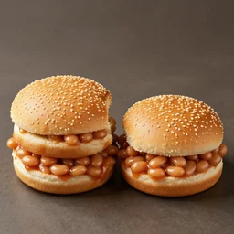mcdonalds baked beans between two sesame seed buns, commercial photograph