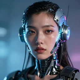 photo of sweaty soulful female as a cyberpunk mecha humanoid robotic head and face parts with fluorescent lamps surrounding face, sweaty skin dripping down face, ultra - realistic and detailed, long exposure 8 k