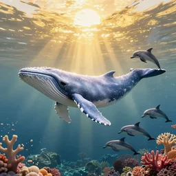 glimmering whale, dolphins, golden hour, god rays, coral reef, dreamscape by artgerm and ruan jia and ismail inceoglu and greg olsen, cosmos, milky way galaxy, masterpiece, beautiful, intricate, elegant, highly detailed