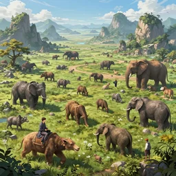 an intricate concept art, illustration, fantasy, asian field large biomes, megafauna, ultra photorealistic, ultra sharp, artstation, cgsociety, masterpiece, digital art, anime colors, style by ivan talavera and wlop, hyperrealistic, octane render, 4 k