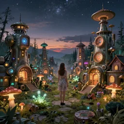 girl in solarpunk fantasy village, evening, 4 k, ultra realistic, detailed, epic lighting, starry sky, magical, glowing forest, mushrooms, machines, high detail, masterpiece, trending on artstation by artgerm and akihito tsukushi and alphonse mucha