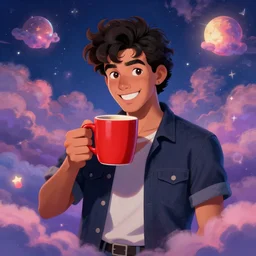 portrait of a ( ( ( una taza de cafe grande y roja ) ) ), ( ( futuro hermoso joven caliente caribeno macho alegre ) ), lleno de nubes y magia, concept character, by greg rutowski and tezuka and beeple and mucha and bierstadt and remington, trending on artstation