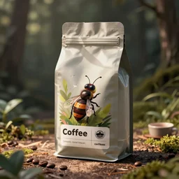 photo of a bag of coffee with an animated insect on the front
