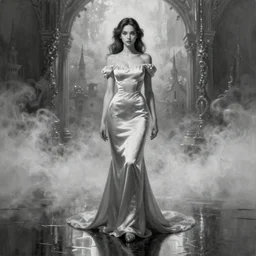 ultra realist soft painting portrait of a single beautiful princess in a full long curvy slim dress, looking at camera, very intricate details, ultra dense fog, golden ratio, volumetric black and white lighting, reflections, refractions, symmetry accurate anatomy features, world of Lovecraft background, unreal render