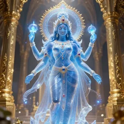 Translucent Astral Guardian, Hindu Blue Goddess, Golden hyperspace palace,Wadim Kashin, artgerm,  XF IQ4, f/1.4, ISO 200, 1/160s, 8K, RAW, featured in artstation, octane render, cinematic, elegant, intricate, 8k