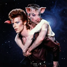 david bowie giving a piggy back ride to ziggy stardust. glam rock. cosmic. peter elson. detailed faces over shoulder