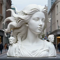 3 d full head and shoulders beautiful white porcelain female, giant sculpture in city street, with microscopic plankton all through her hair, flowing massive hair, 3 d art by theodor seuss geisel and daniel arsham and xiang duan