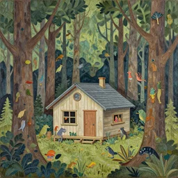 a cabin in the woods with hidden creatures by matthew forsythe, detailed, intricate, paper collage, oil on canvas by chuck groenink, moebius