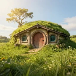 a hobbit house in a grass field hill, a sunny day, ray of sunlight, volumetric, depth, of field, hypersharp, hyperdetailed, by moebius, artstation, cgsociety, 8 k