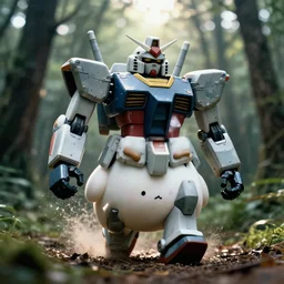 a 3 5 mm photo from the front of a giant mecha armored war delorean robot chubby cute rabbit as gundam walking in the woods, splash art, movie still, bokeh, canon 5 0 mm, cinematic lighting, dramatic, film, photography, depth of field, award - winning, backlighting, overcast, 8 k, hyper detailed, 3 5 mm film grain
