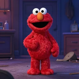 elmo is looking around at all the damage he's caused. a sesame street noir scene