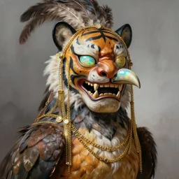 masterful fantastic realist painting an exotic ancient feathered and bejeweled bird wearing an exquisite and fiercely painted bugaku mask of a tiger, gold chains strung like tinsel, digital painting trending on artstation, viciously blinded, shimmering opal, volumetric lighting and mist, cosplay, portrait painting, hyperrealistic, octane render