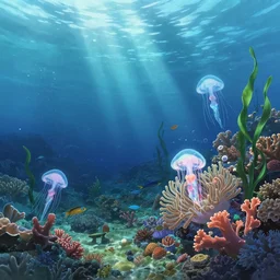 an anime movie background matte painting of an underwater ocean reef, sea floor, caustics and god rays, coral, glowing jellyfish, fish, anemones, seaweed, by makoto shinkai, trending on artstation, highly detailed