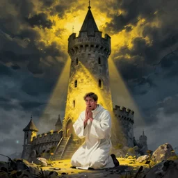 A terrified catholic priest in his thirties kneeled in fervent prayer at the summit of a tall medieval tower. Eyes are wide open with fear looking straight at the viewer. Dressed in white. An ominous yellow shadow is descending upon him from the night sky. Award-winning digital art, trending on ArtStation