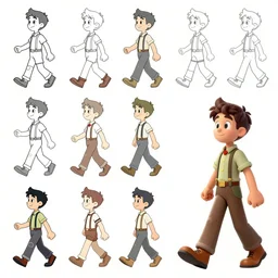 character sheet representing a walk cicle, 6 fps. model sheet, concept art, detailed character, cartoon, sheet character, five princeps of animation, animation, walk cycle