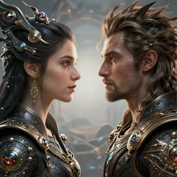 a portrait of a man and woman facing each other, fantasy character portrait, ultra realistic, wide angle, the fifth element artifacts, highly detailed, artwork by peter mohrbacher, boris vallejo, craig mullins