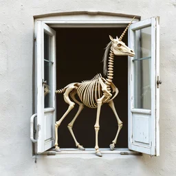 unicorn skeleton standing next to an open window