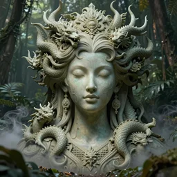 a sculpture of mythical magical creatures, elegant and beautiful female face emerging from the jungle, intricate, elegant, highly detailed, magical realism dimensional symbolism by james jean and hannah yata, artstation, concept art, ambient occlusion, wispy smoke, vray render,