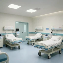Wide shot, hyperdetailed masterpiece concept art of an interior of an ICU room at an advanced hospital, 4k Detailed Matte Illustration trending on ArtStation