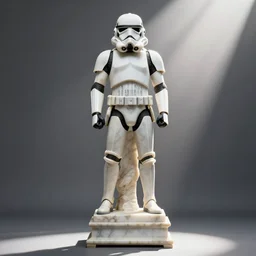 a medium long wide shot of a beautiful marble - statue of a storm - trooper on a marble base in the accademia di belle arti, god - rays, dramatic light, sharp focus, global illumination, radiant light, unreal 5, daz, hyperrealistic, octane render, cosplay, rpg portrait, dynamic lighting, intricate detail, harvest fall vibrancy, cinematic